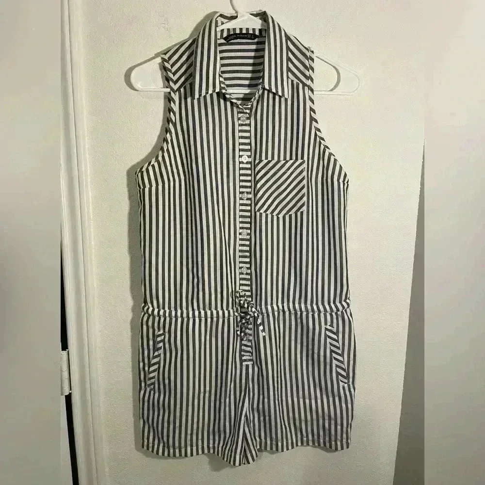 Zara Woman Collared Sleeveless Blue White Striped Tie Waist Pocketed Romper Sz S